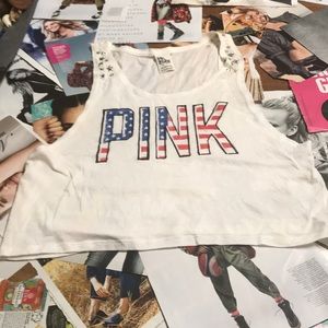 Red, White, and Blue VS crop top with stat details